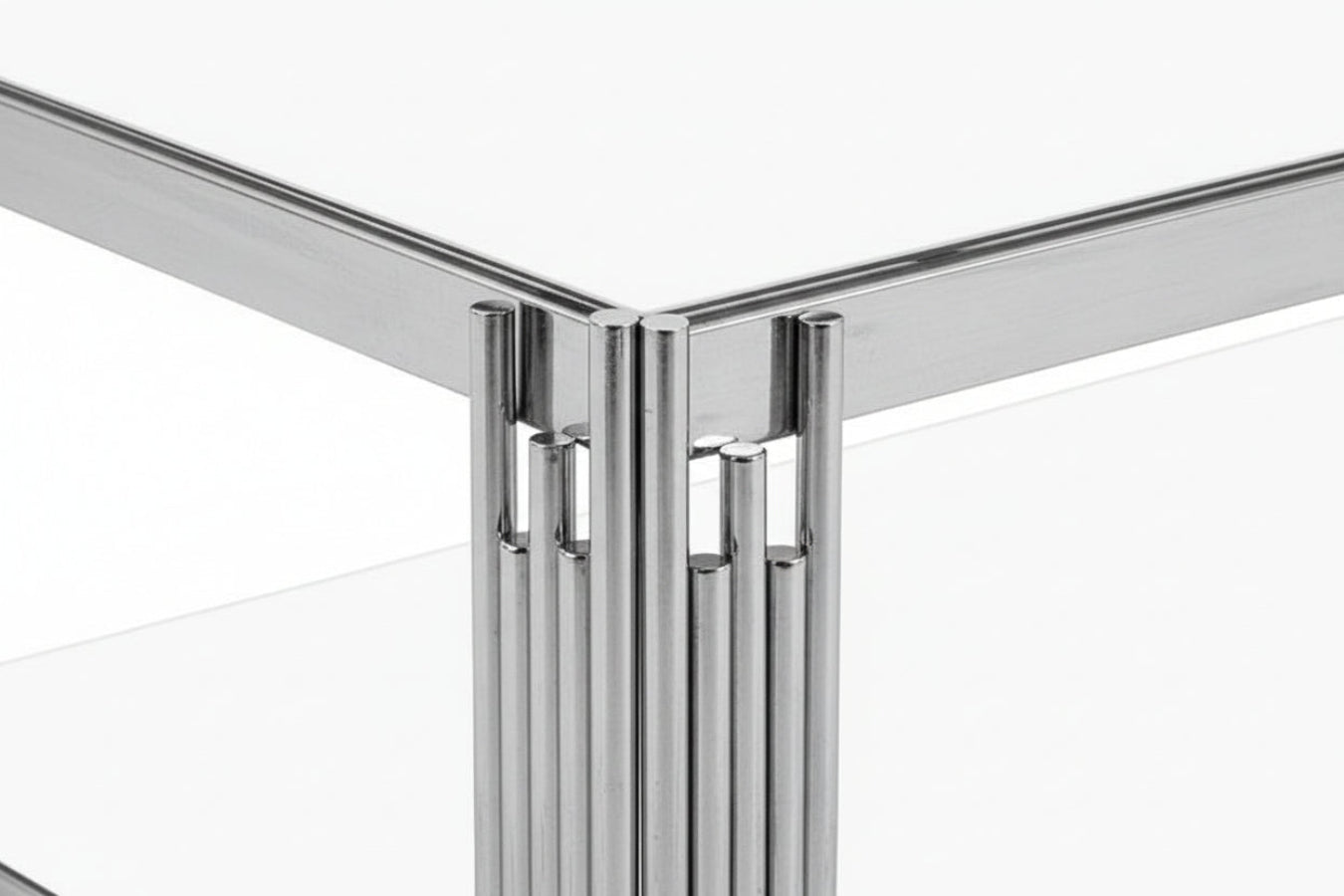 Table Basse FLUTE Rectangle Double Plateau Verre Trempé Blanc Structure Chrome 120x60x45cm