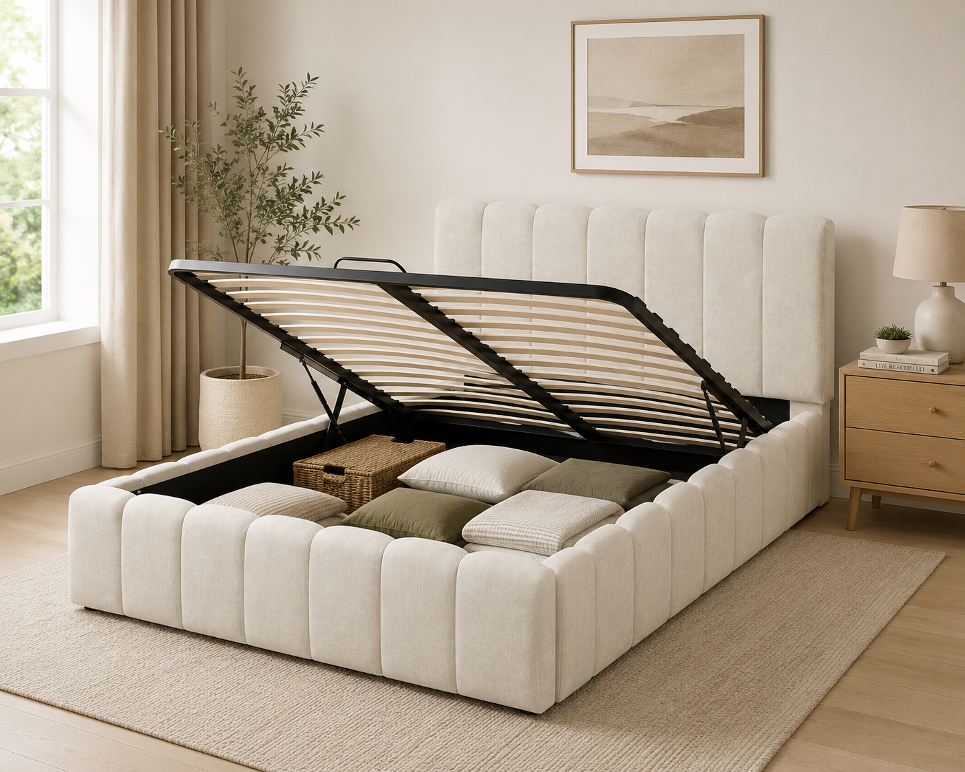 Lit Coffre 160x200 cm – Tissu Chenille Beige, Sommier à Lattes Inclus