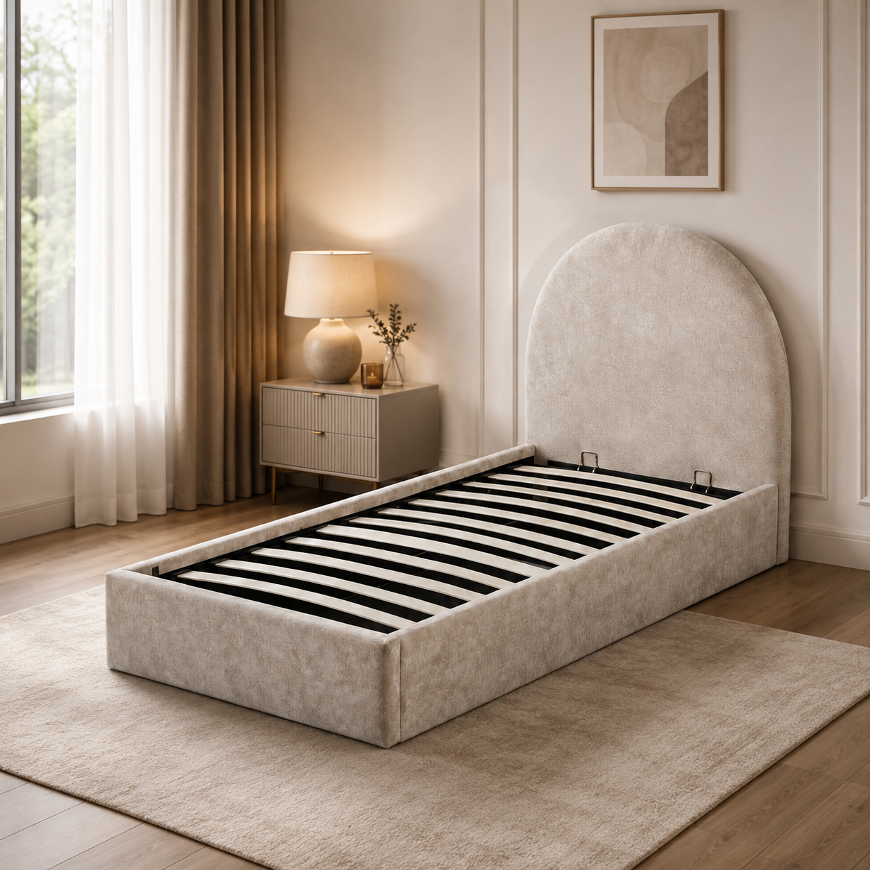 Lit coffre 90x190 beige tête de lit arrondie sommier inclus