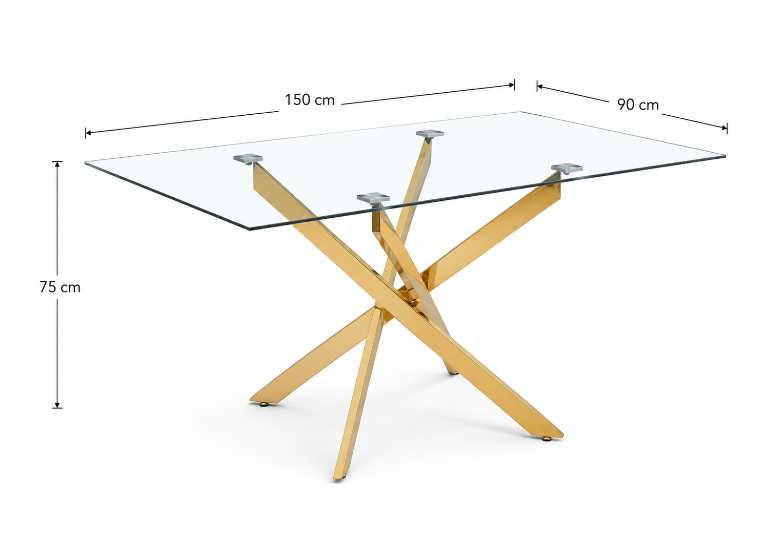 Table Repas JESSICA Gold et plateau en verre 150 cm 4 à 6 couverts transparent
