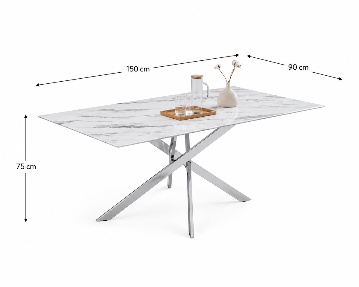 Table Repas JESSICA Chrome et plateau en verre 150 cm 4 à 6 couverts effet marbré blanc