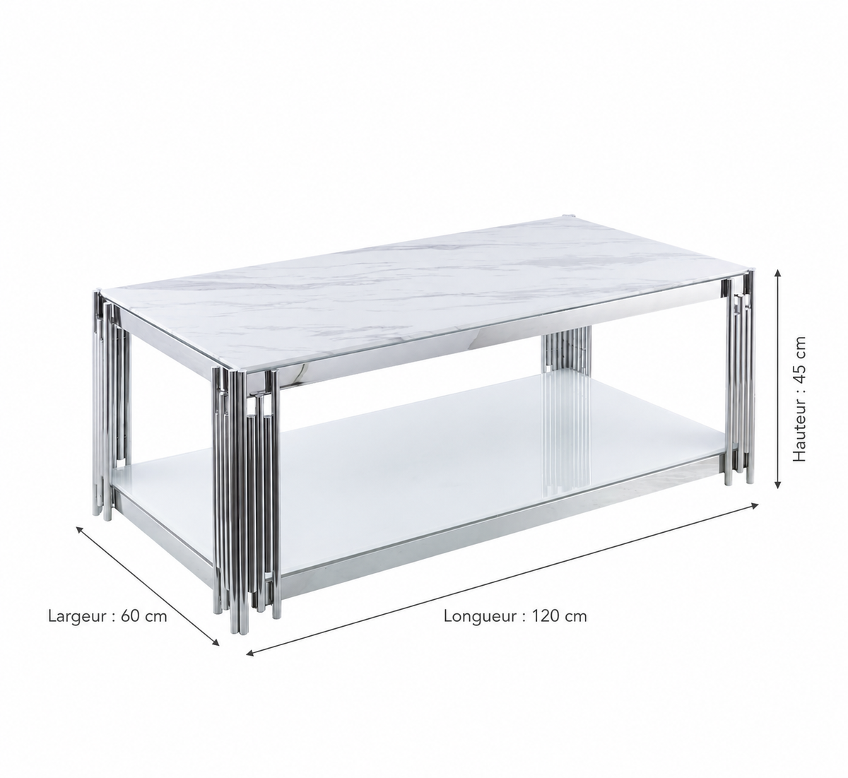 Table Basse FLUTE Rectangle Double Plateau Verre Trempé Marbré Blanc Structure Chrome 120x60x45cm