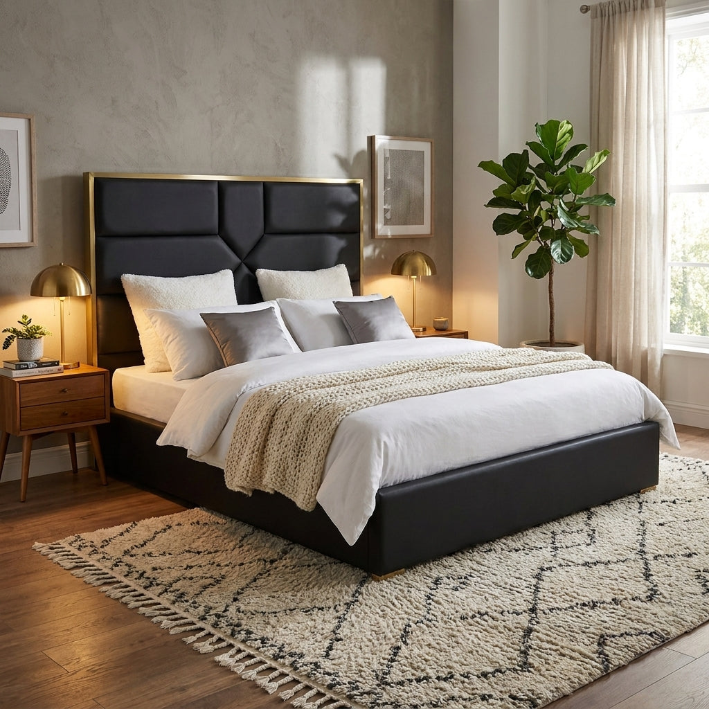 Lit 2 places GOLD MARK simili cuir noir 140x190 cm avec sommier intégré