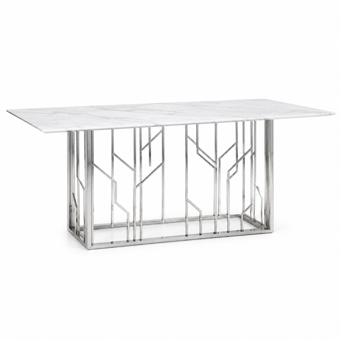 Table à Manger PORTOFINO – Chrome & Verre Marbre Blanc – 180x90x75 cm