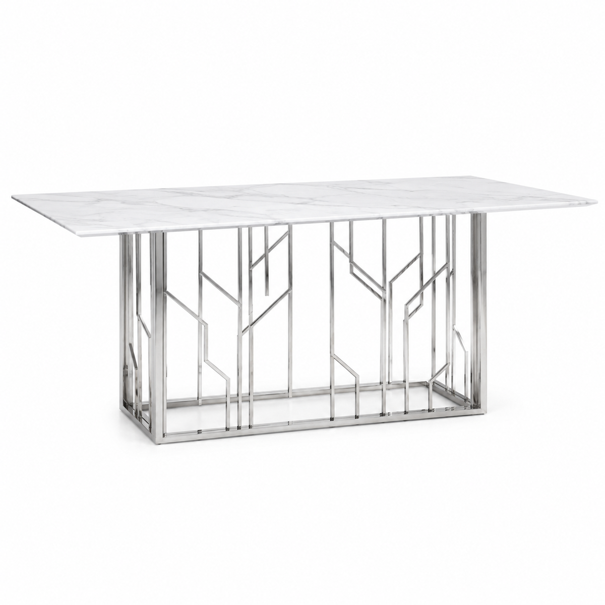 Table à Manger PORTOFINO – Chrome & Verre Marbre Blanc – 180x90x75 cm