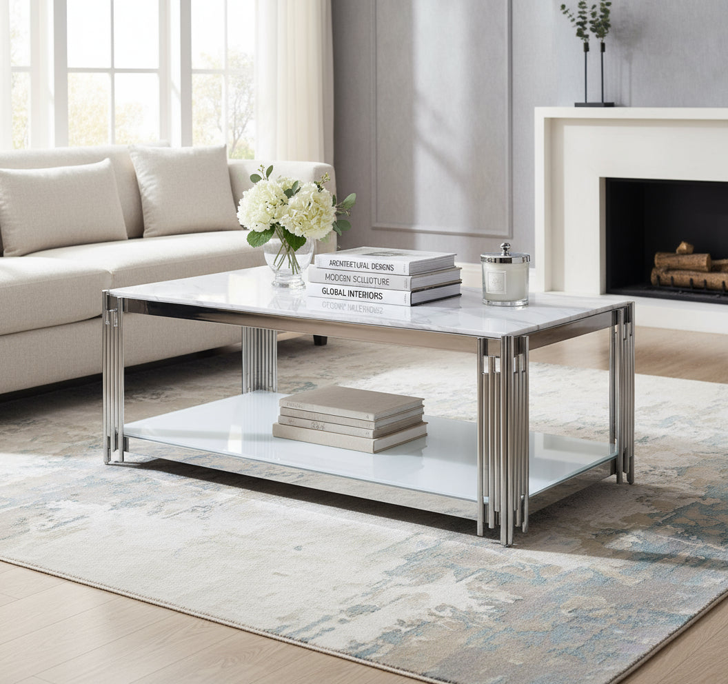 Table Basse FLUTE Chrome et plateau en verre 120x60x45 cm