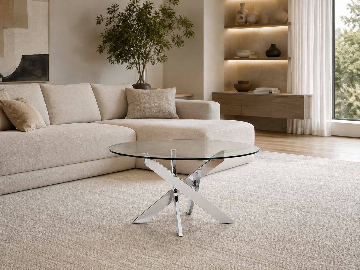 Table basse ronde JESSY pieds chrome et plateau en verre TRANSPARENT 80 cm #couleur_transparent