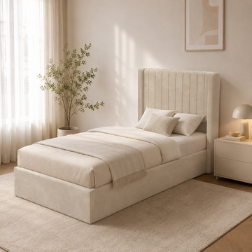 Lit coffre velours beige sommier relevable 90x190 cm CAMILLE #couleur_beige