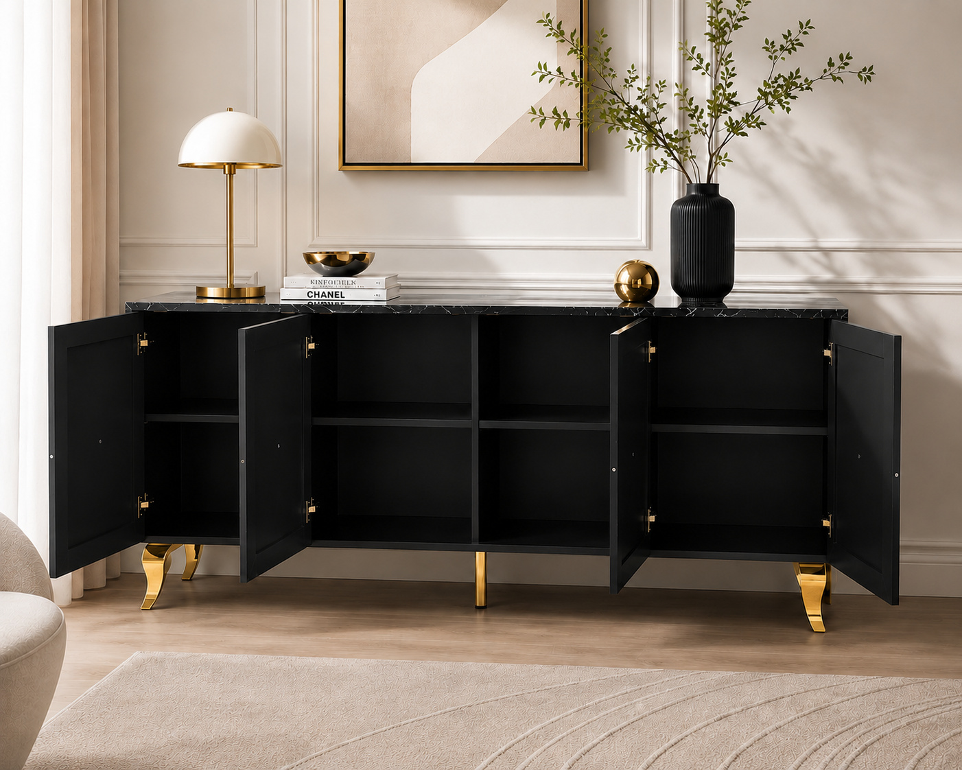 Buffet BAROQUE – Laqué Marbre Noir Pieds Doré – 4 Portes – 180x40x80 cm