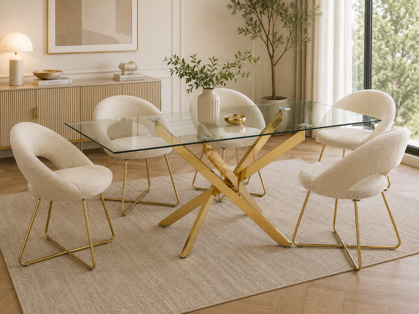 Table Repas JESSICA Gold et plateau en verre 150 cm 4 à 6 couverts transparent