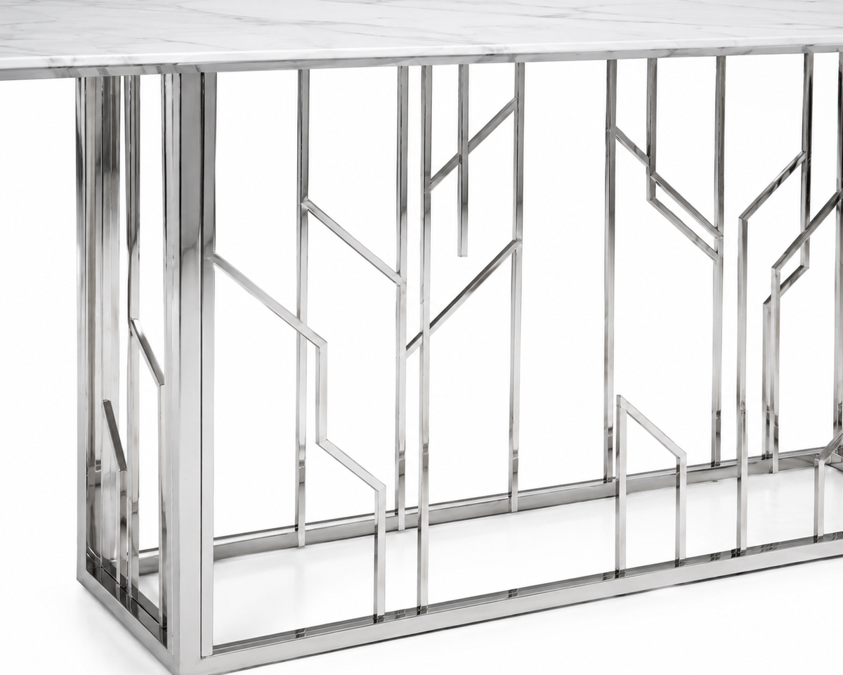 Table à Manger PORTOFINO – Chrome & Verre Marbre Blanc – 180x90x75 cm