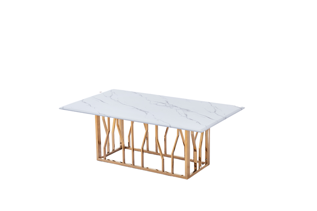 Table Basse PORTOFINO Plateau Verre Trempé Effet Marbré Blanc Pieds Gold 120x70x45cm