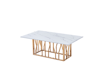 Table Basse PORTOFINO Plateau Verre Trempé Effet Marbré Blanc Pieds Gold 120x70x45cm