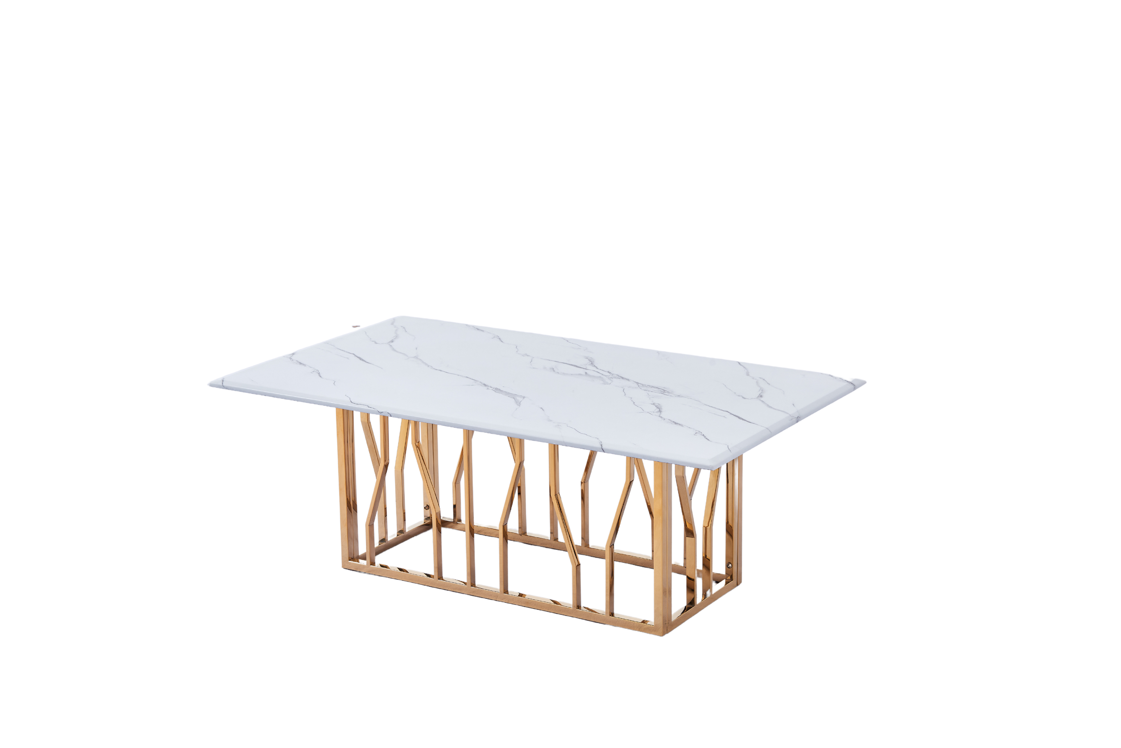 Table Basse PORTOFINO Plateau Verre Trempé Effet Marbré Blanc Pieds Gold 120x70x45cm