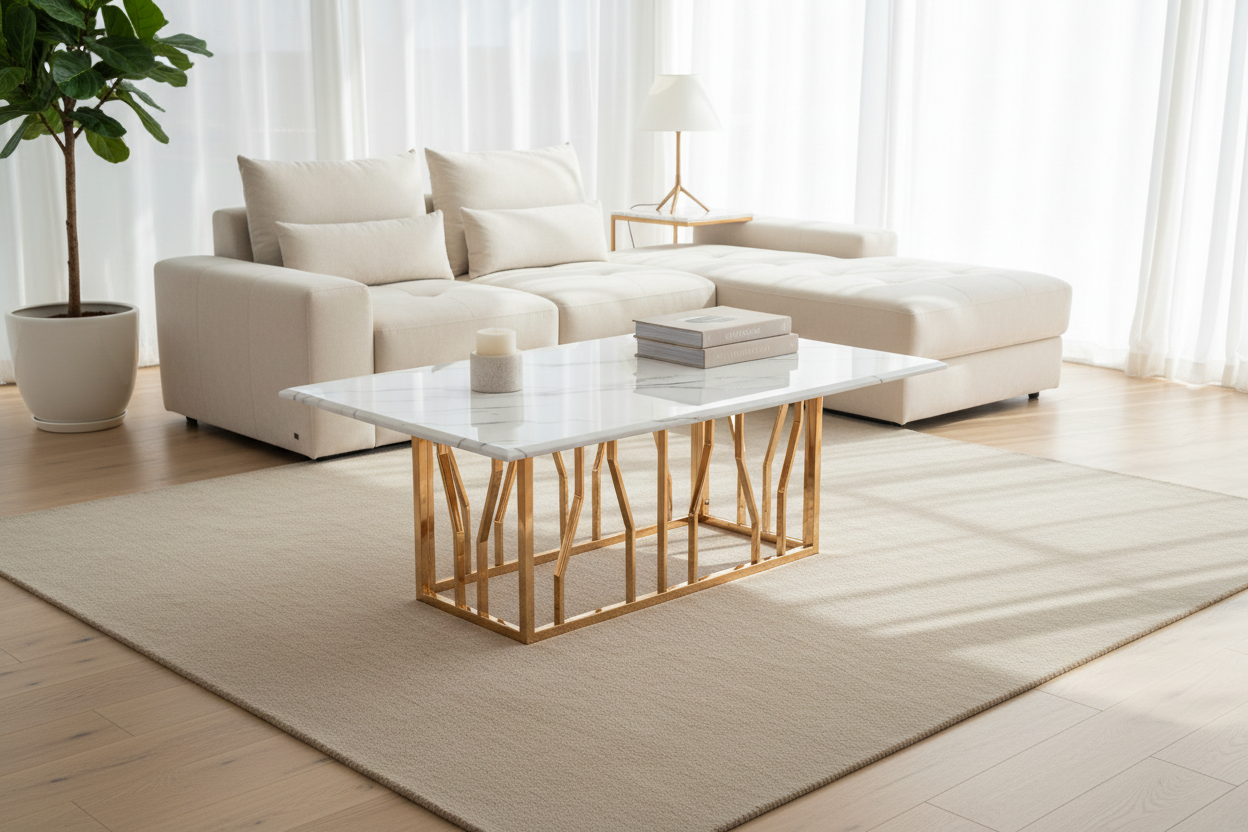 Table Basse PORTOFINO Plateau Verre Trempé Effet Marbré Blanc Pieds Gold 120x70x45cm