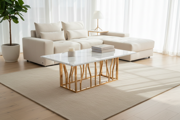 Table Basse PORTOFINO Plateau Verre Trempé Effet Marbré Blanc Pieds Gold 120x70x45cm