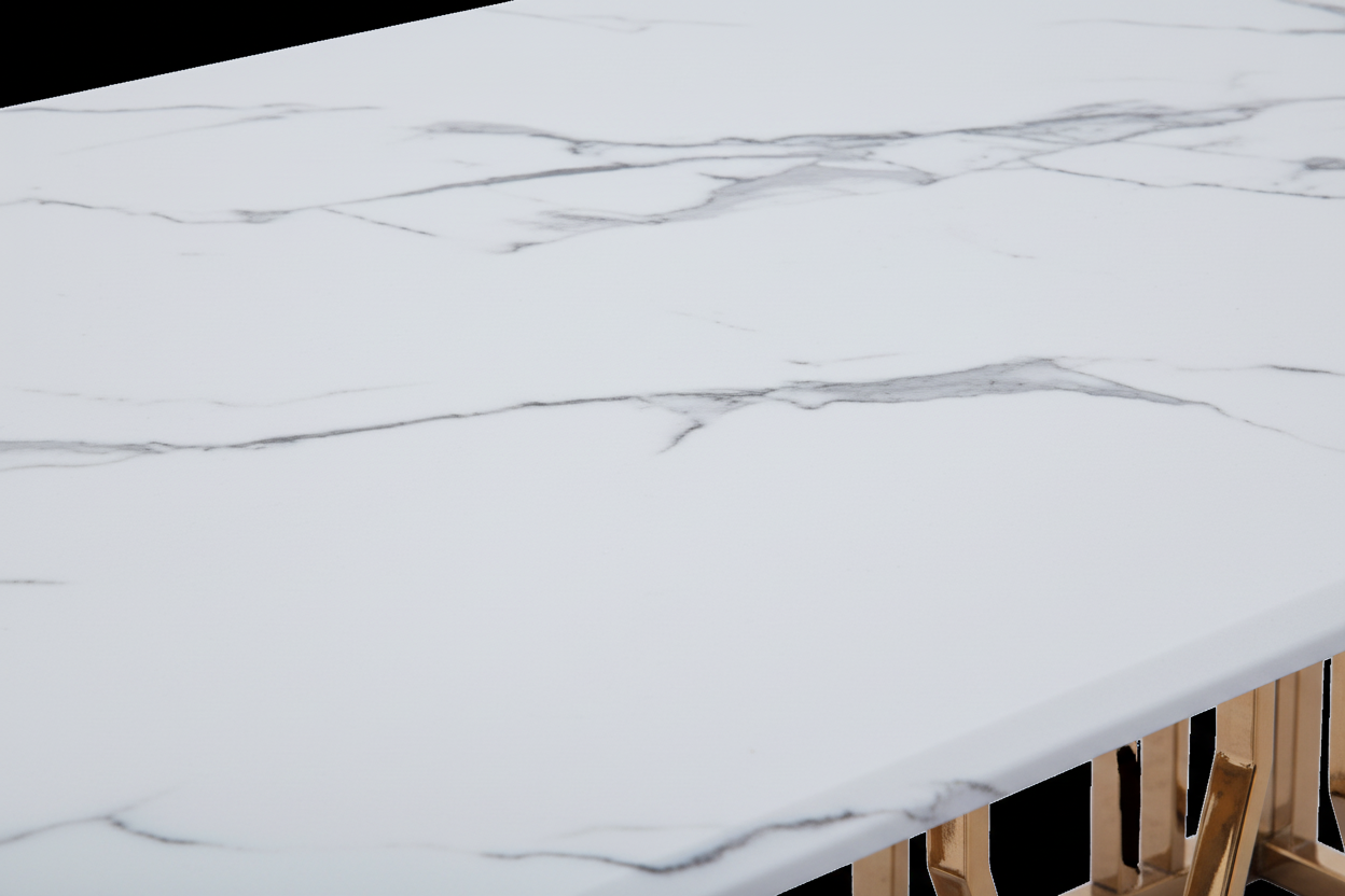 Table Basse PORTOFINO Plateau Verre Trempé Effet Marbré Blanc Pieds Gold 120x70x45cm