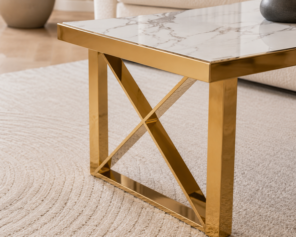 Table basse céramique marbre blanc piètement doré 120x60