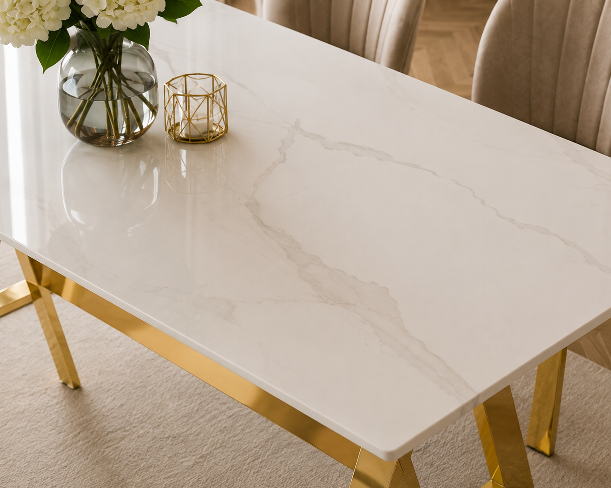 Table Repas IXE – Pied Gold & Verre Trempé – 150x90x75 cm