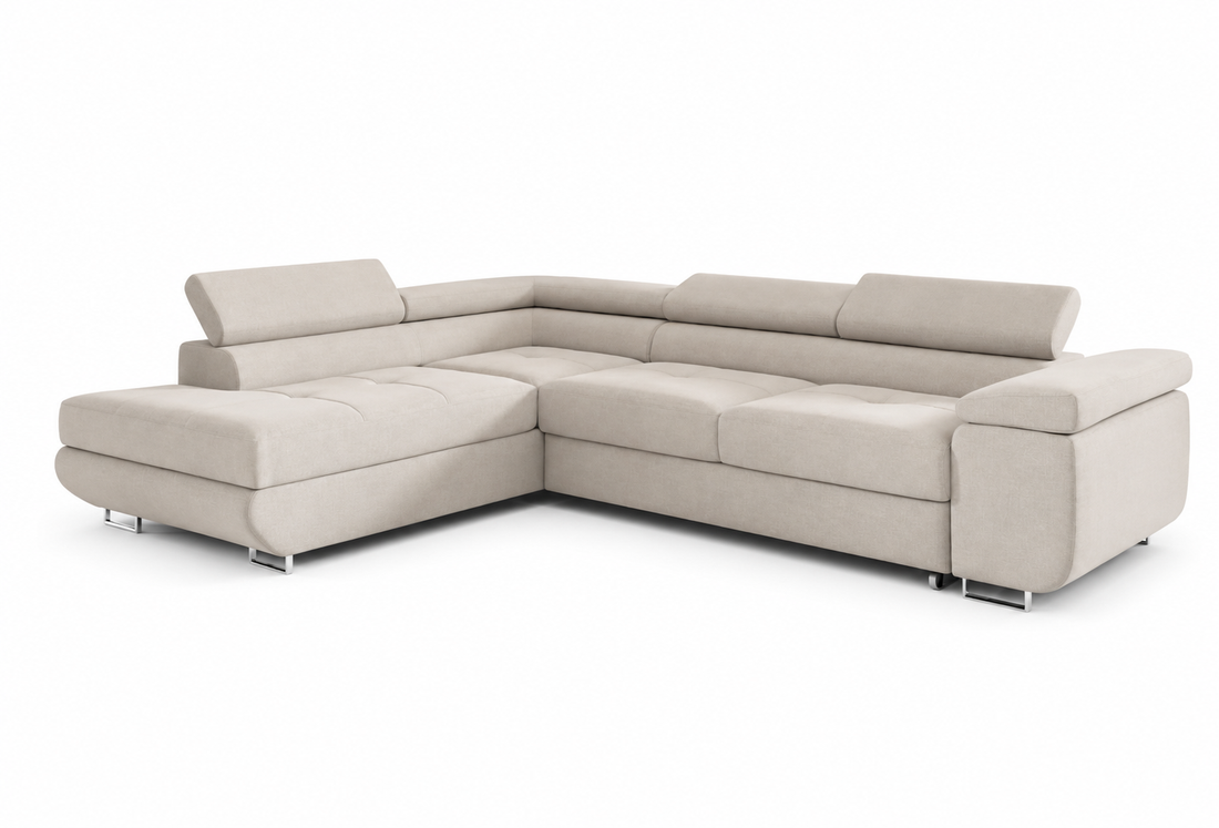 Canapé d’Angle Convertible TOULOUSE Beige avec COFFRE de rangement – Angle Gauche – Velours – 275x202 cm