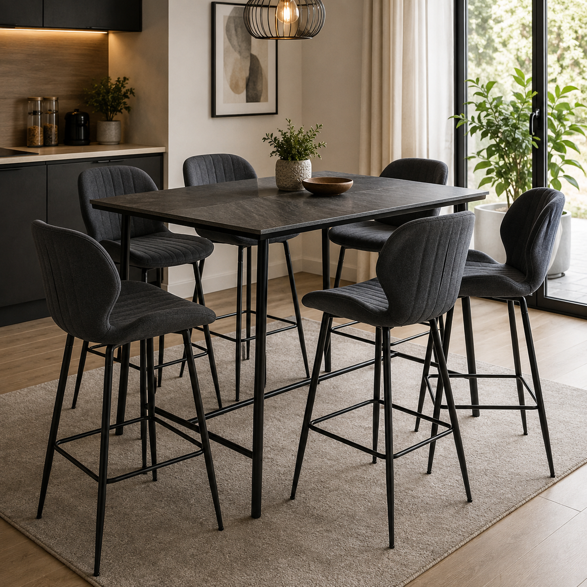 Lot 4 Tabourets de Bar Prado Tissu Gris Anthracite Pieds Métal Noir 51x41x102cm