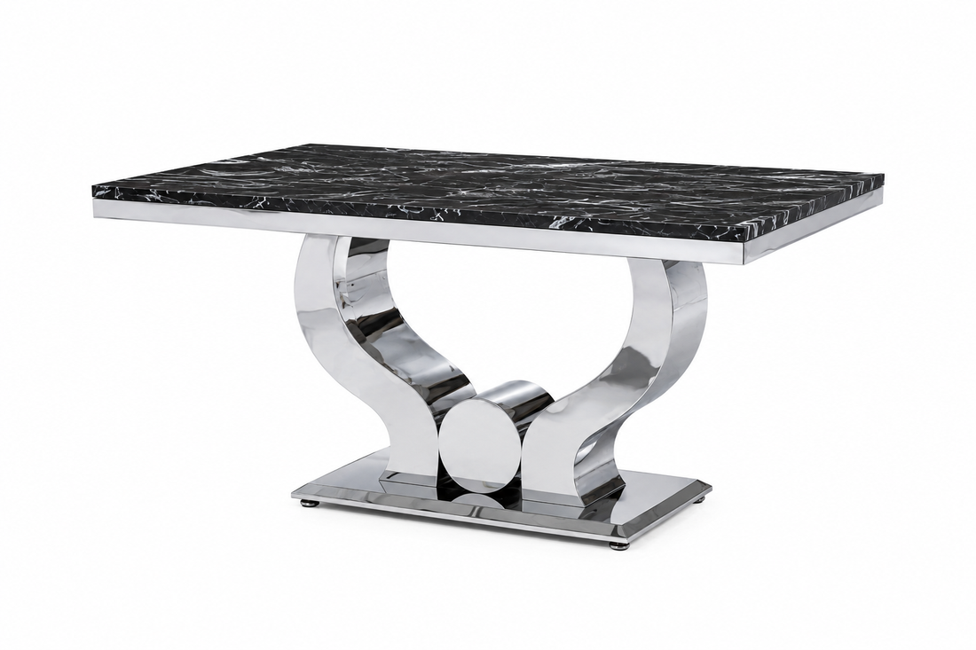Table à manger TROFY 4 à 6 personnes 150x90 cm chrome plateau en verre effet marbré noir