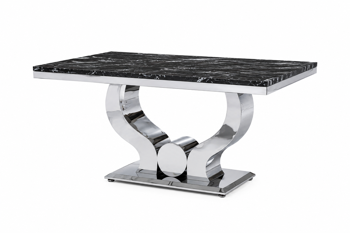 Table à manger TROFY 4 à 6 personnes 150x90 cm chrome plateau en verre effet marbré noir