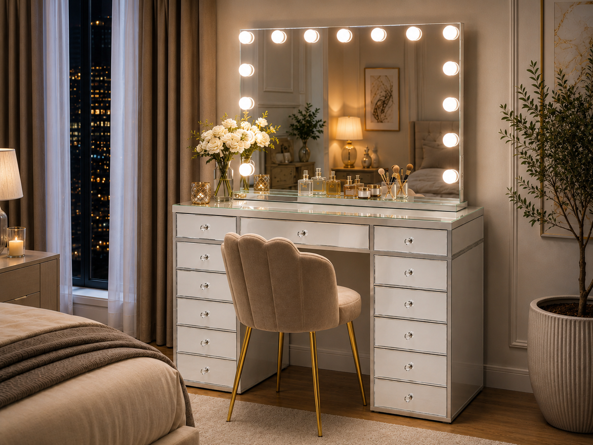 Coiffeuse miroir avec LED et tiroirs - finition miroir 130 cm