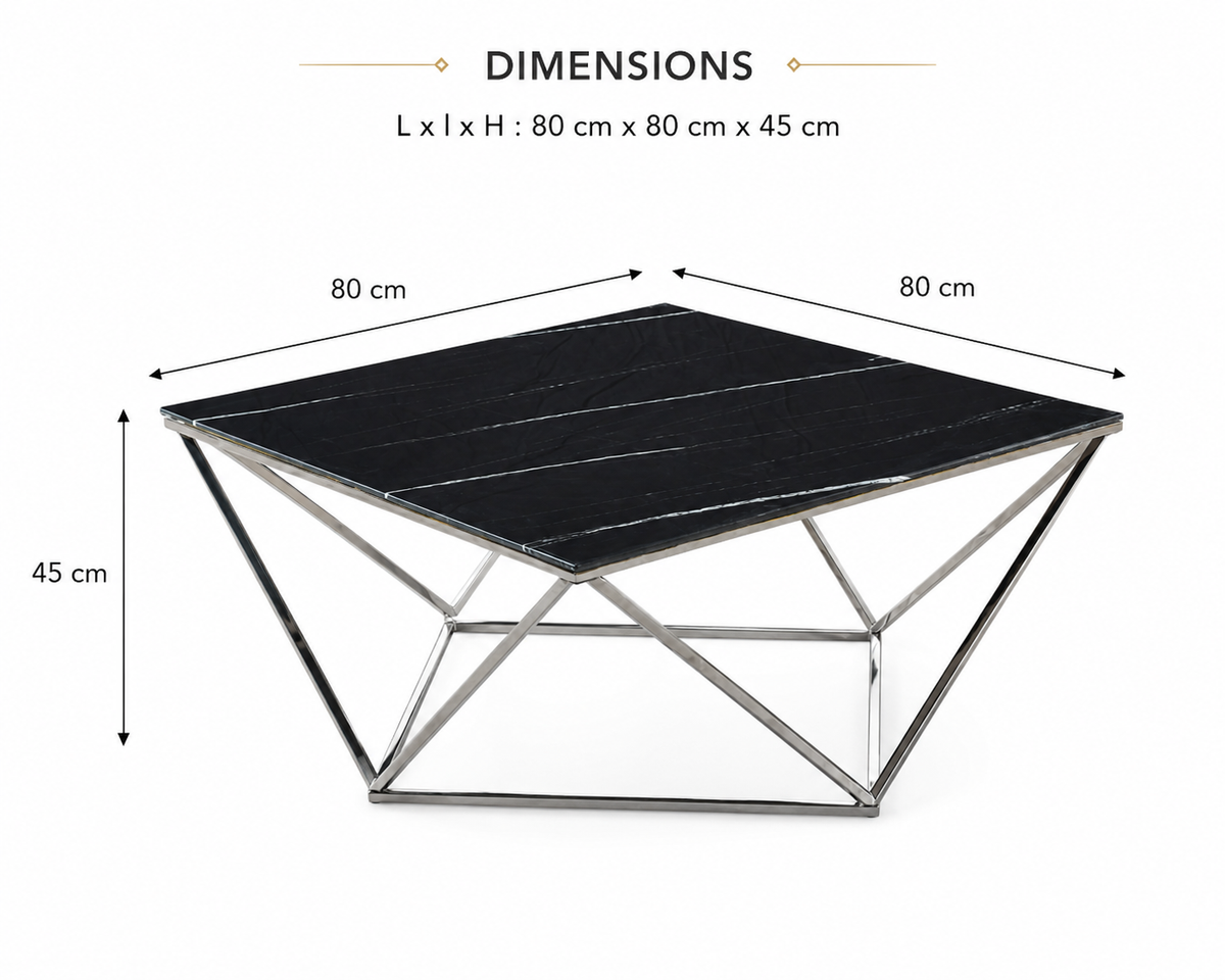 Table Basse ALINA Chrome plateau en verre trempé 80x80x45 cm - Marbré noir