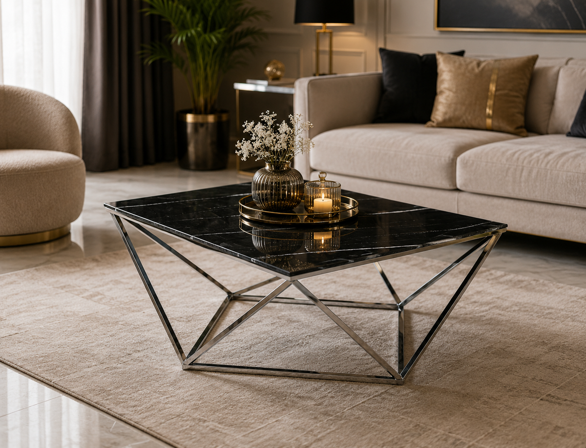 Table Basse ALINA Chrome plateau en verre trempé 80x80x45 cm - Marbré noir