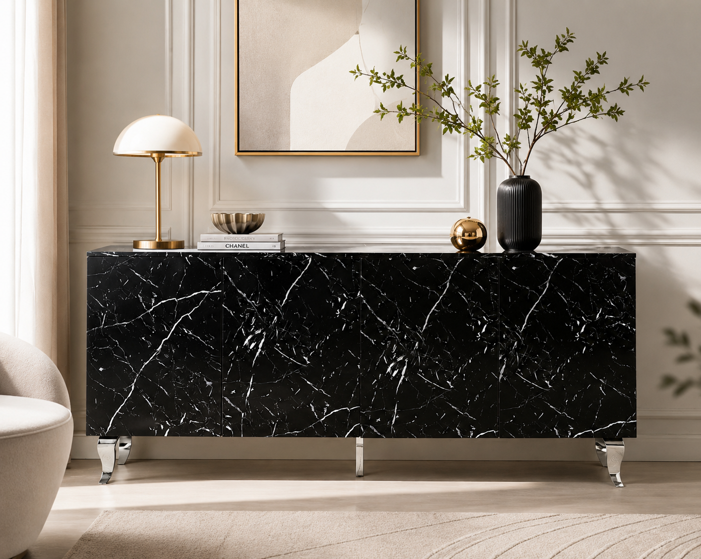 Buffet BAROQUE – Laqué Marbre Noir Pieds Chrome – 4 Portes – 180x40x80 cm