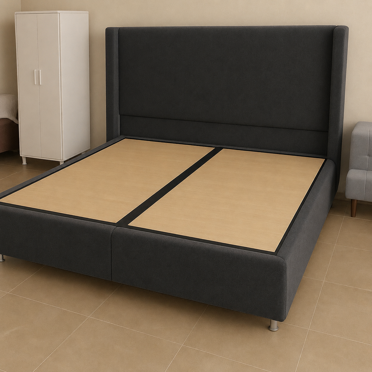 Lit Coffre COCO – Velours anthracite – 140x190 cm avec Planche de Rangement