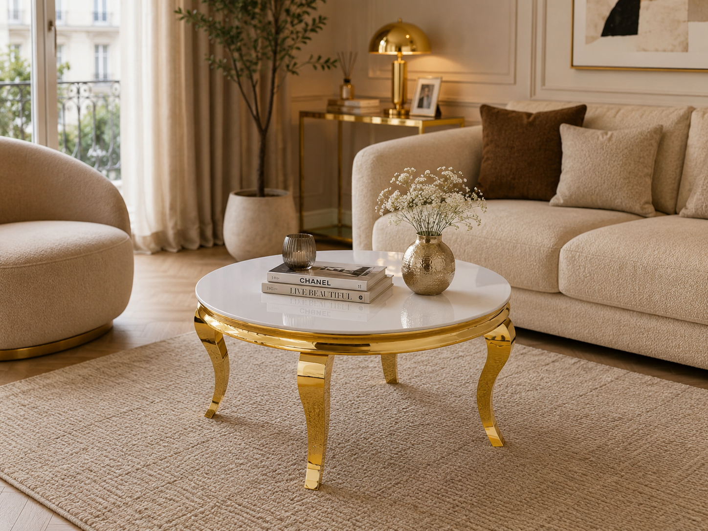 Table basse ronde baroque Gold et plateau en verre BLANC de 80 cm