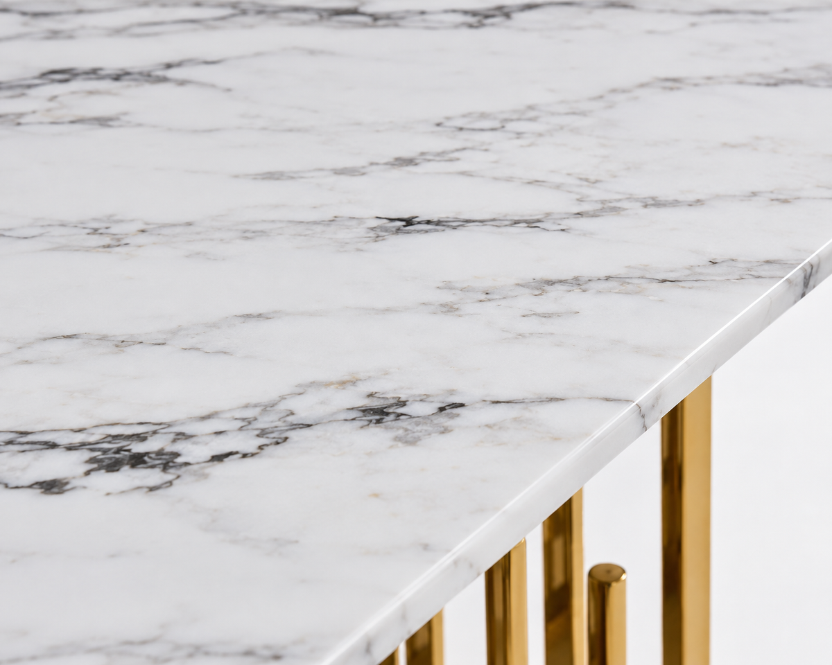 Table à Manger STALAX – Pied Gold & Pierre Marbre Blanc – 180x90x75 cm