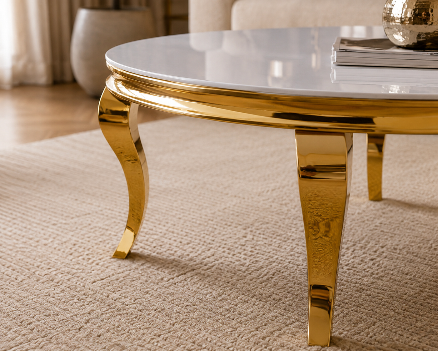 Table basse ronde baroque Gold et plateau en verre BLANC de 80 cm