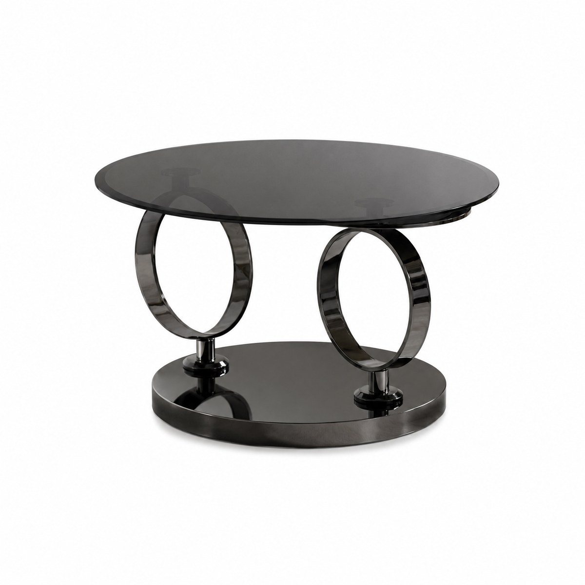 Table basse double plateau rotatif verre fumé structure métal noir Ø 80 cm