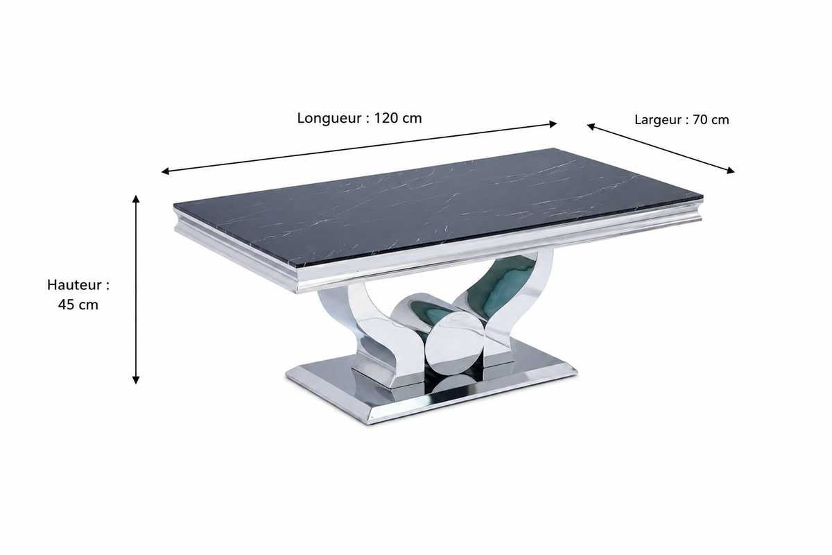 Table basse Trofy Chrome et plateau en verre 120x70 cm effet marbré noir
