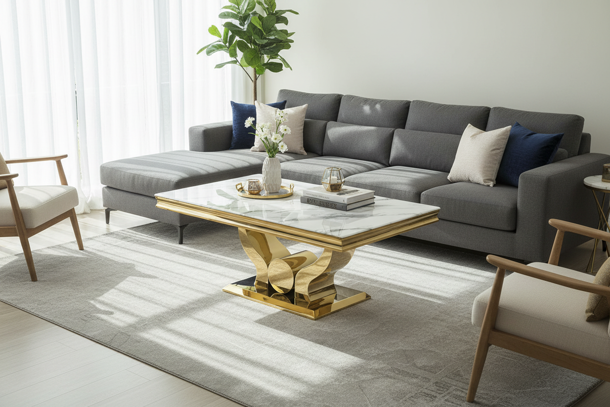 Table Basse Rectangle Verre Trempé Marbré Blanc 120x70cm TROFY