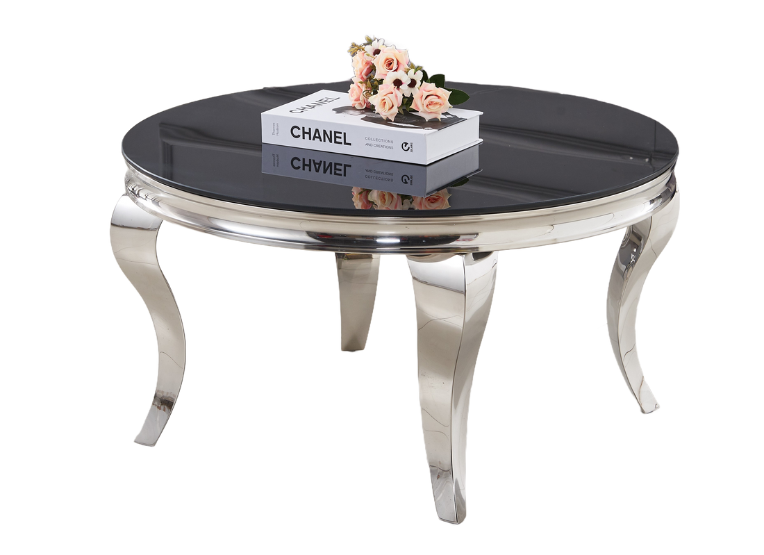 Table Basse BAROQUE Ronde Plateau Verre Trempé Noir Structure Chrome D80x45cm