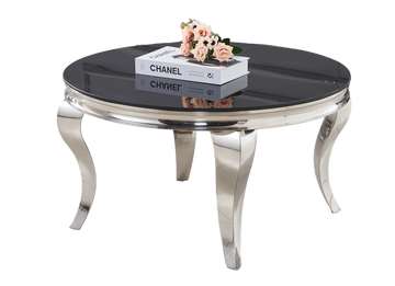 Table Basse BAROQUE Ronde Plateau Verre Trempé Noir Structure Chrome D80x45cm