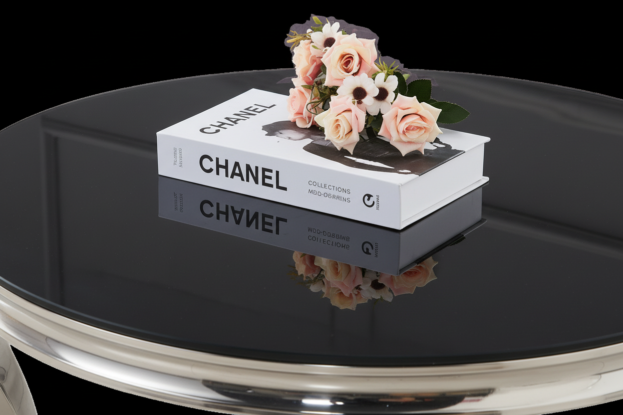 Table Basse BAROQUE Ronde Plateau Verre Trempé Noir Structure Chrome D80x45cm