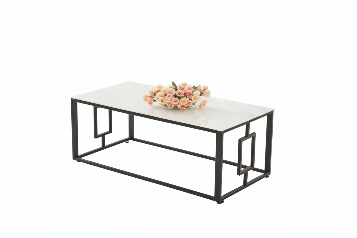 Table Basse SOPHIE Pieds Métal Noir Plateau Verre Trempé Marbré Blanc 120x60x45cm