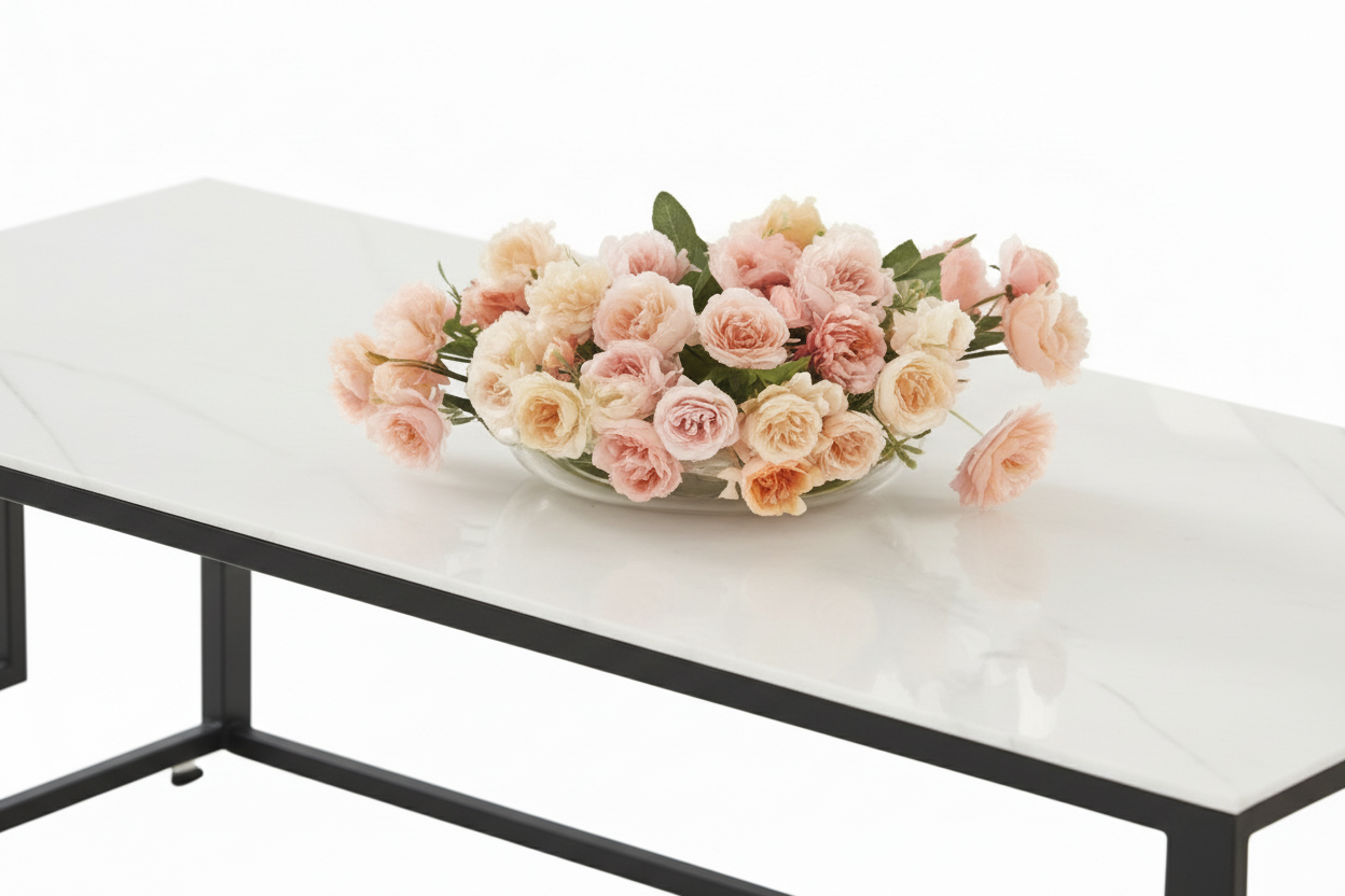 Table Basse SOPHIE Pieds Métal Noir Plateau Verre Trempé Marbré Blanc 120x60x45cm