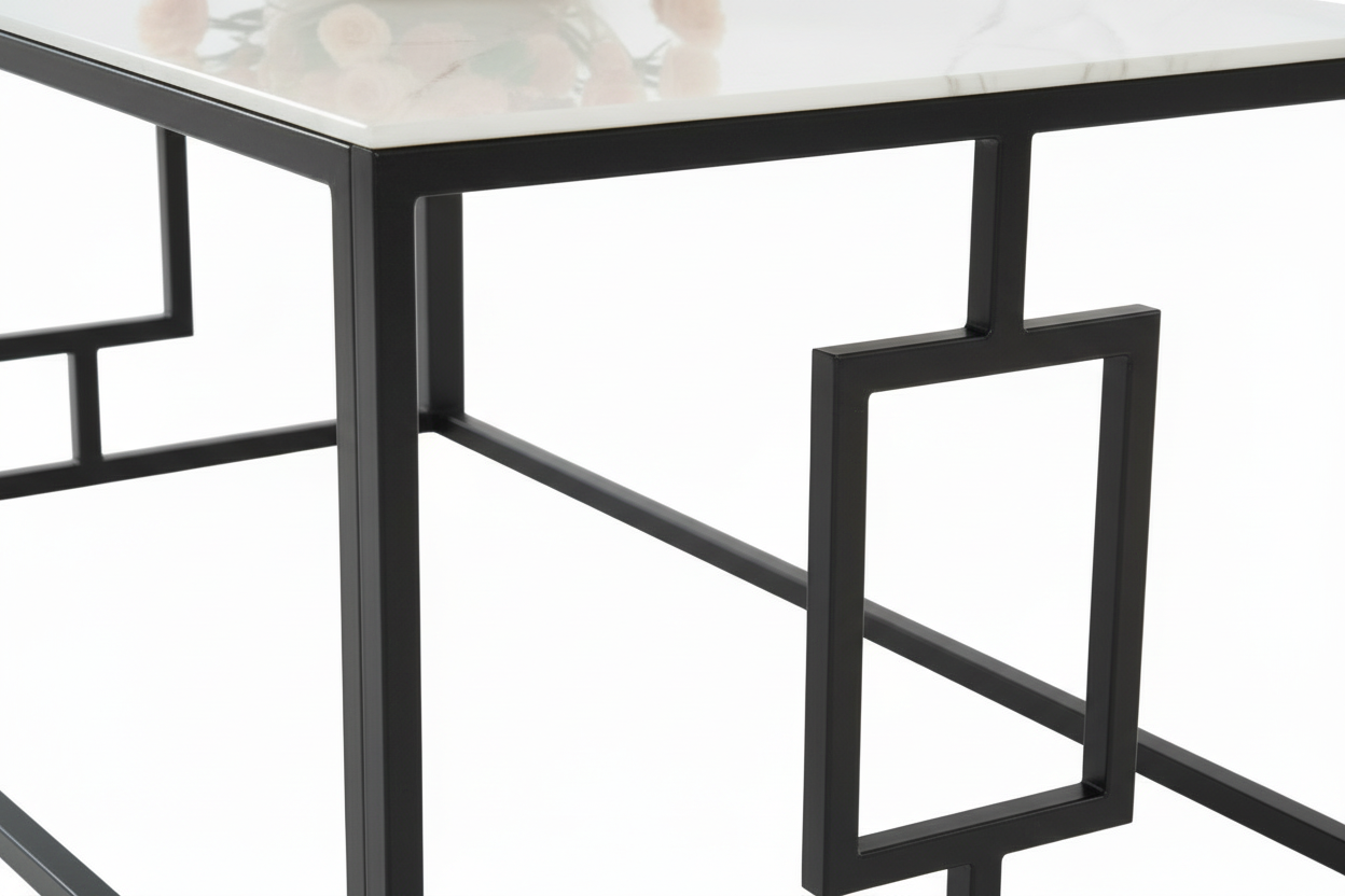 Table Basse SOPHIE Pieds Métal Noir Plateau Verre Trempé Marbré Blanc 120x60x45cm