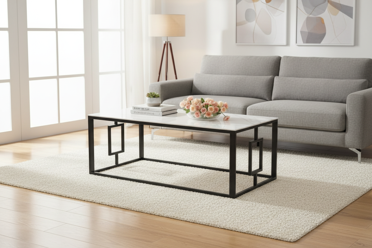 Table Basse SOPHIE Pieds Métal Noir Plateau Verre Trempé Marbré Blanc 120x60x45cm