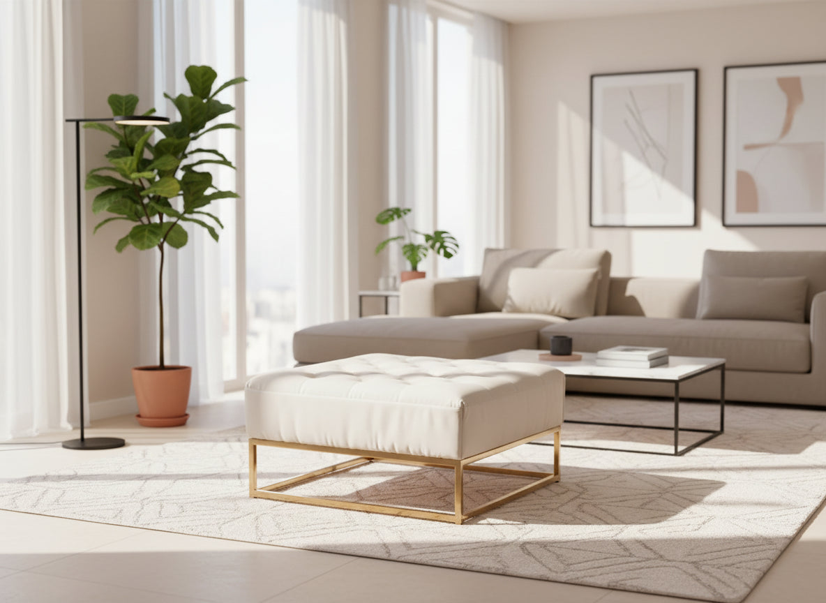 Pouf Coffre TIROIRS Carré Plateau Velours Capitonné Beige 80x80x43cm 2 Tiroirs