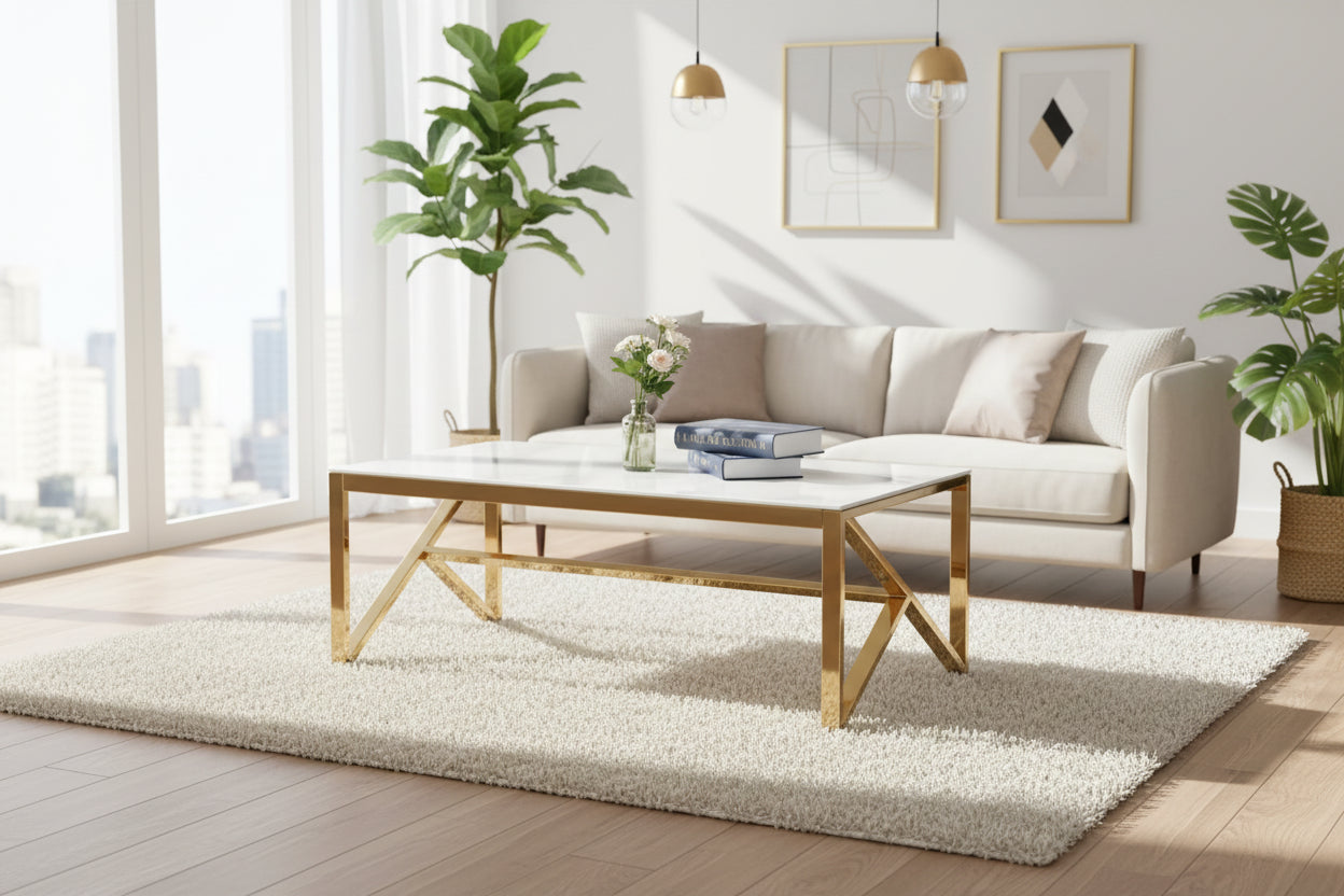 Table Basse MAJESTIQUE Rectangle Plateau Verre Trempé Marbré Blanc Pieds Gold 120x60x45cm