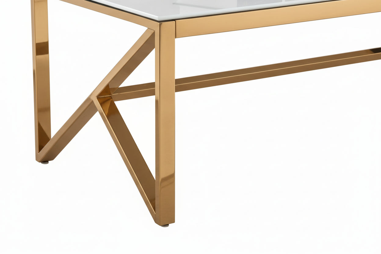 Table Basse MAJESTIQUE Rectangle Plateau Verre Trempé Marbré Blanc Pieds Gold 120x60x45cm
