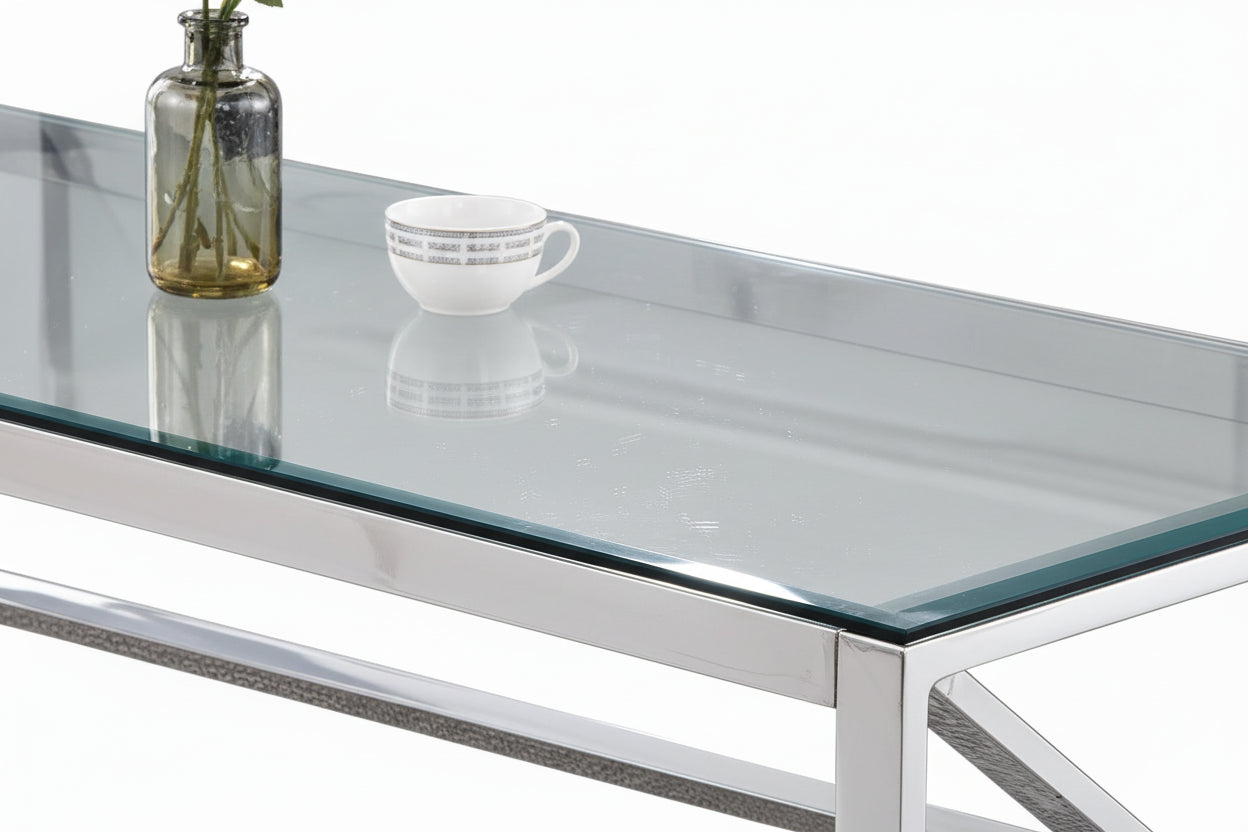 Table Basse MAJESTIQUE Rectangle Plateau Verre Trempé Transparent Pieds Chrome 120x60x45cm