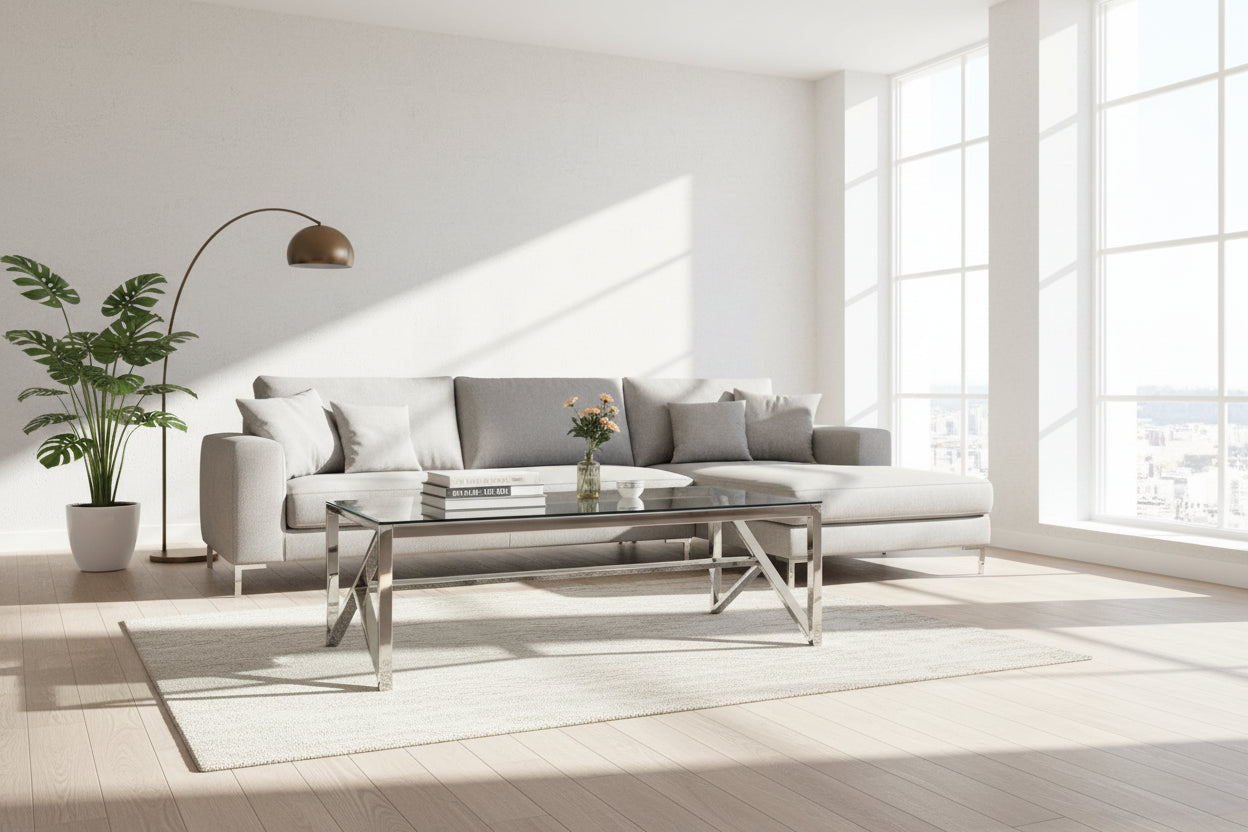 Table Basse MAJESTIQUE Rectangle Plateau Verre Trempé Transparent Pieds Chrome 120x60x45cm